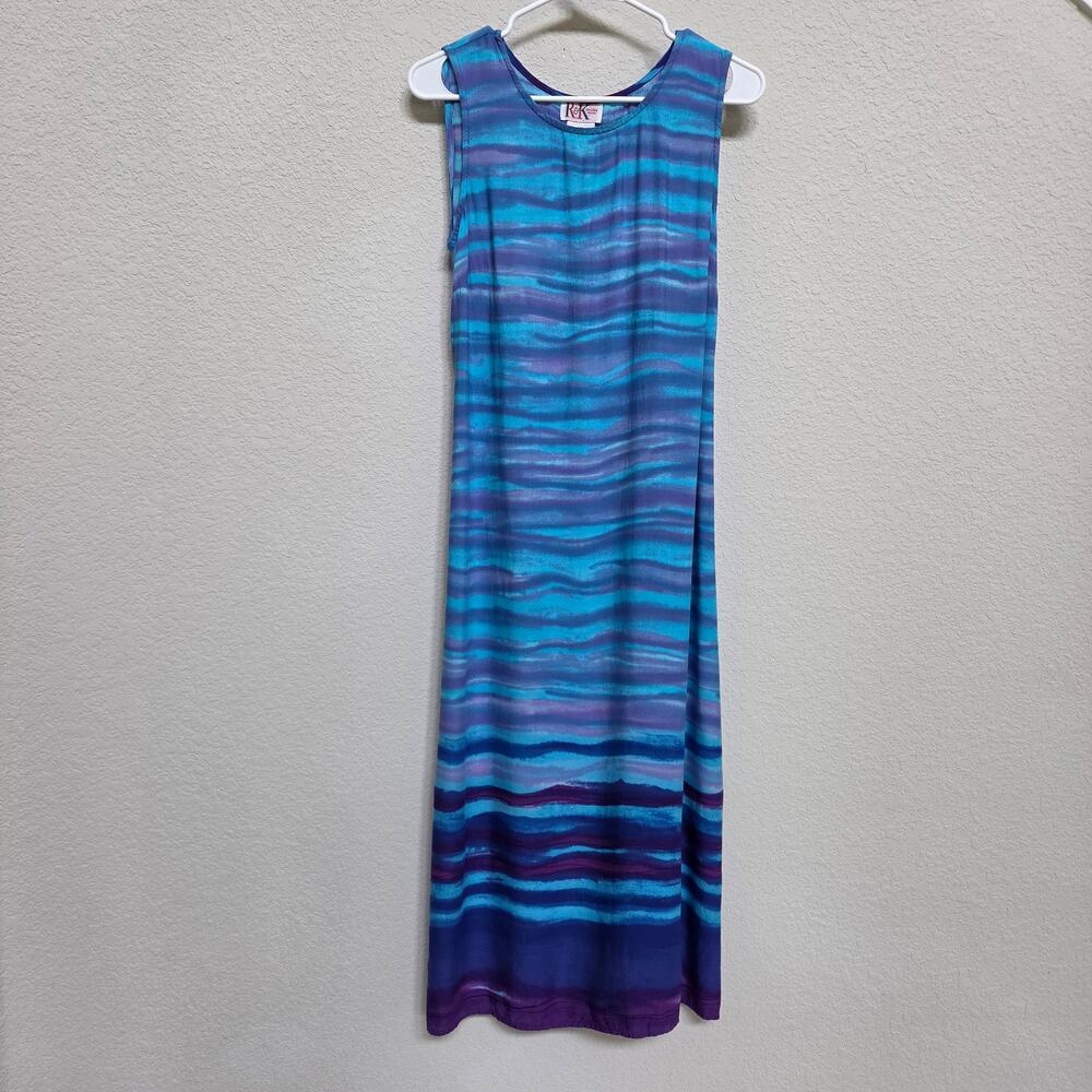 R&K Original Petite Women's S M Petite Maxi Dress Blue Purple Watercolor Rayon